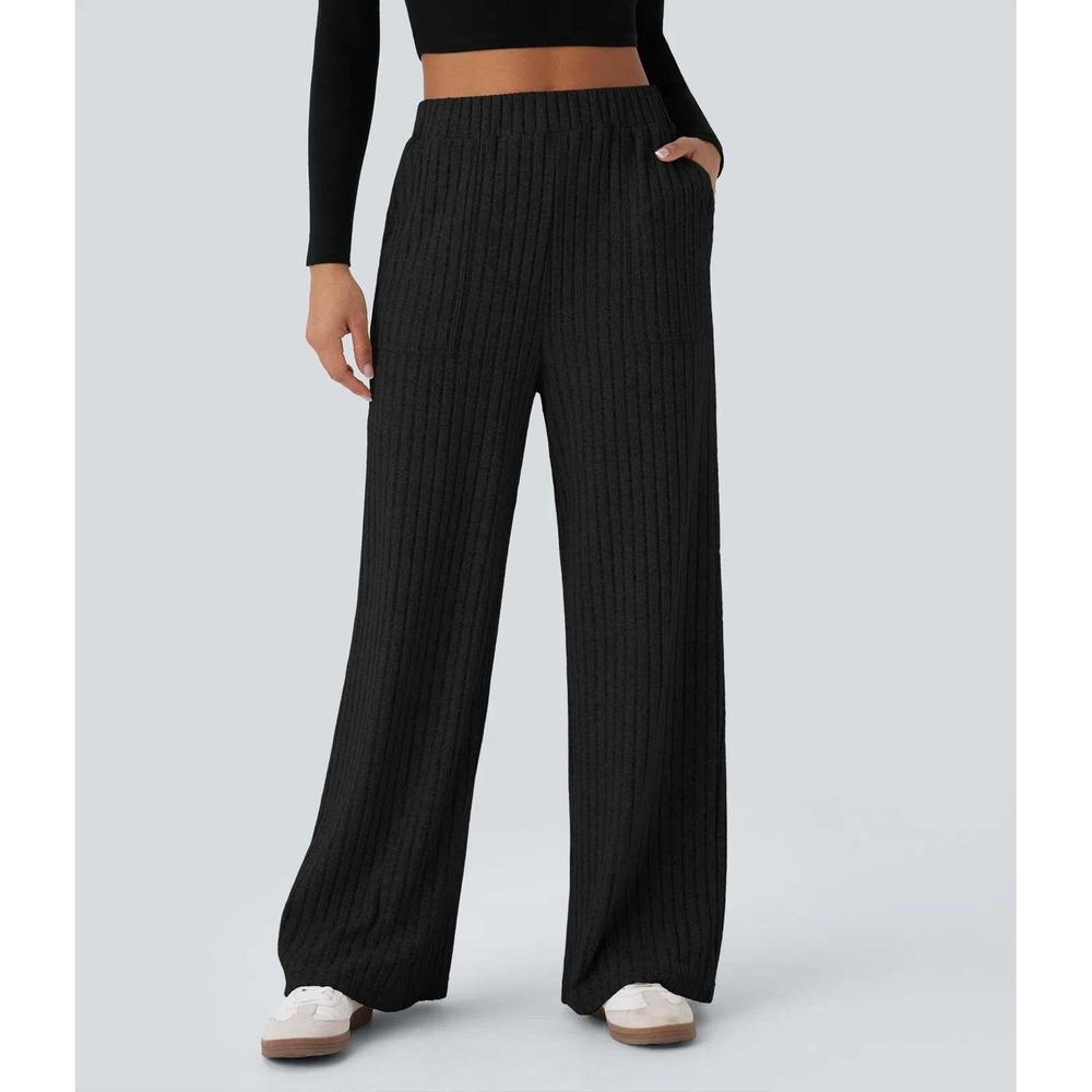 Halara Women's Black‎ Ribbed High Waisted Wide Leg Pull On Lounge Pants Size L